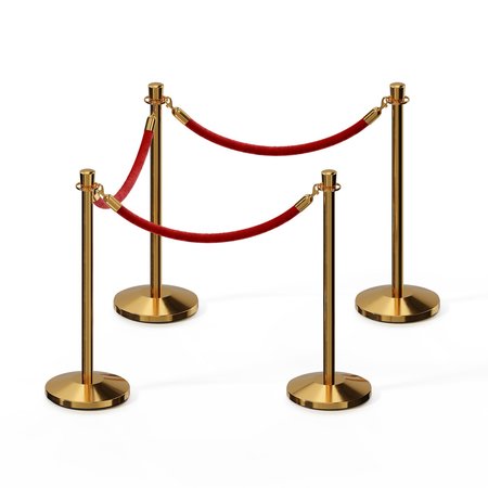 MONTOUR LINE Stanchion Post and Rope Kit Pol.Brass, 4 Crown Top 3 Red Rope C-Kit-4-PB-CN-3-PVR-RD-PB